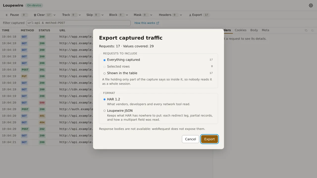 The export dialog: Everything captured selected with a count of 17, two other scopes, HAR and Loupewire JSON as formats, and a summary reading Requests 17, Values covered 29