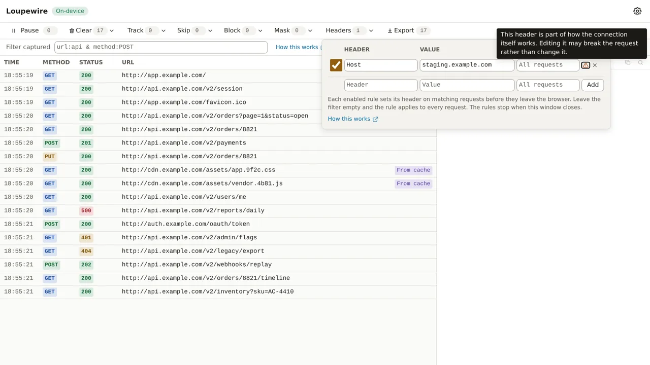 The rules panel with a Host rule added; its row shows an alert triangle and the tooltip reads that editing this header may break the request rather than change it