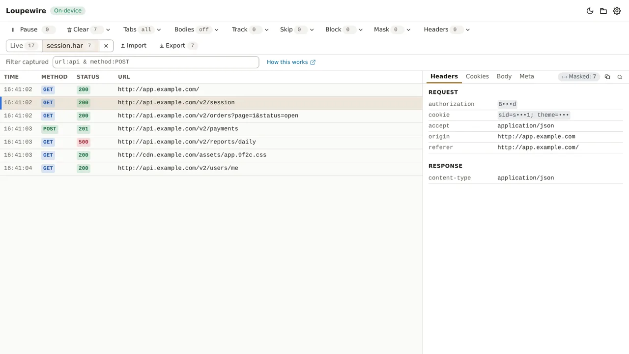 The view switch reading Live and session.har with their request counts, the imported rows below, one selected with its masked headers