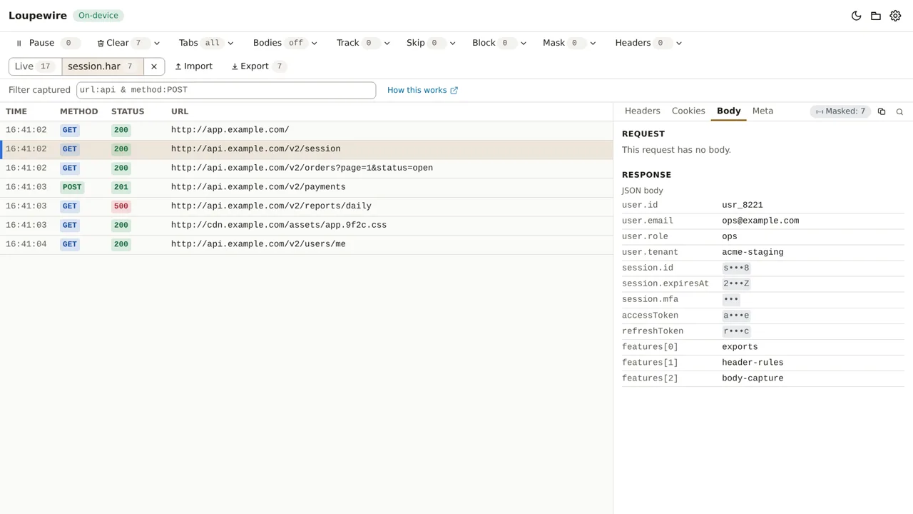 The Body tab of an imported request: the JSON response field by field, session.id and both tokens covered