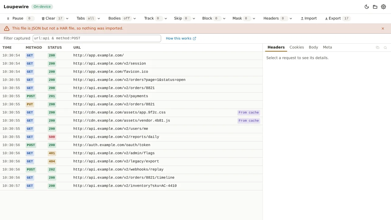 A notice above the table reading This file is JSON but not a HAR file, so nothing was imported, with the live capture unchanged below