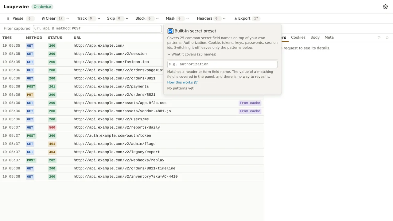 The Mask popover: the Built-in secret preset checkbox ticked, its note about covering 25 common secret field names, and a collapsed list reading What it covers, 25 names