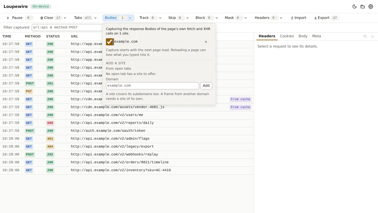 The Bodies popover with example.com switched on, the status line reading Capturing the response Bodies of the page's own fetch and XHR calls on 1 site, and the Add a site section with its Domain box