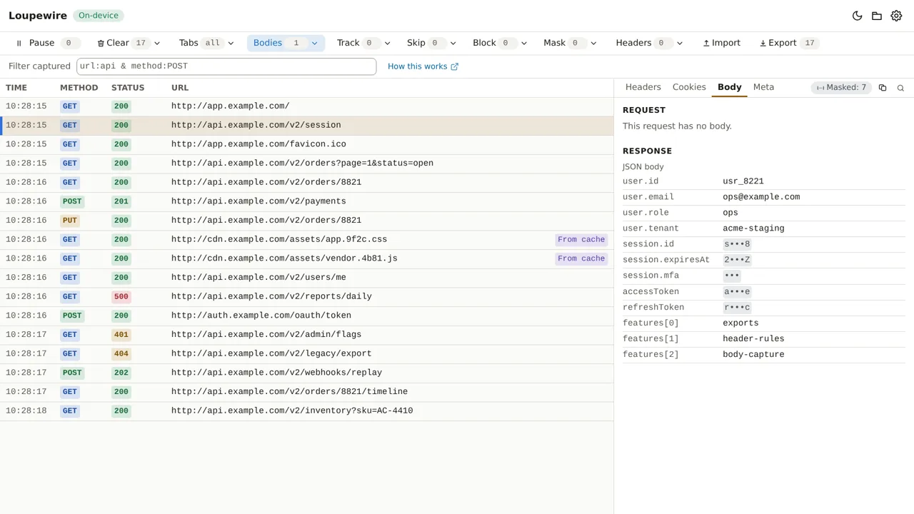 A GET to /v2/session selected, the Body tab showing the JSON response field by field, session.id and both tokens covered