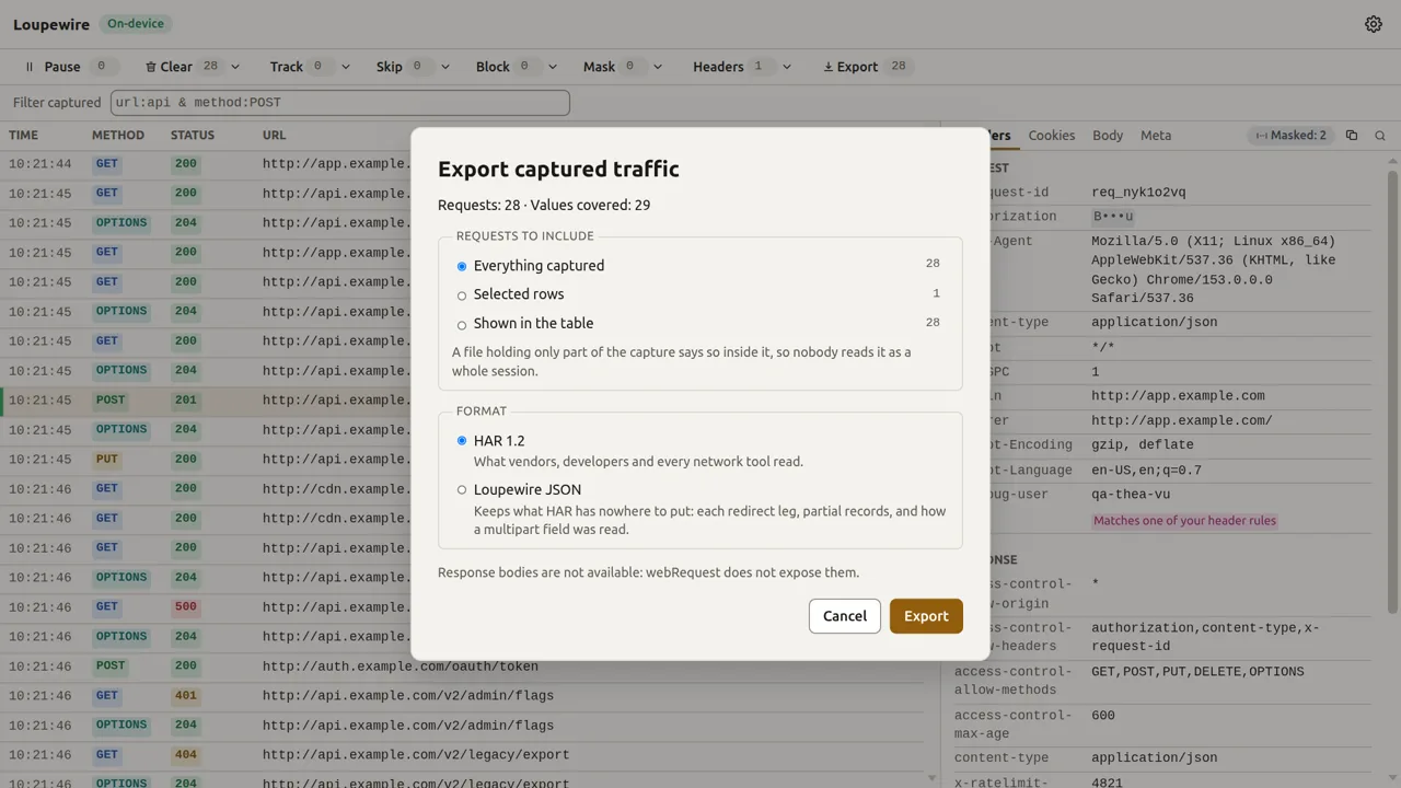 The export dialog with masking on and the selected rows about to be written to a HAR file